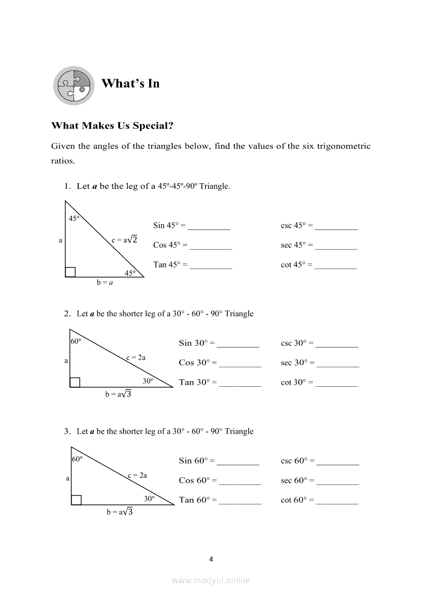 MATHEMATICS Quarter 4 Module 2 Trigonometric Ratios Of Special Angles